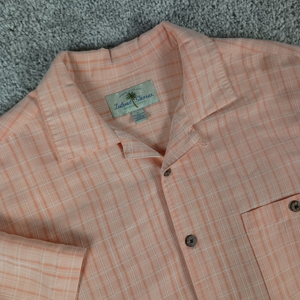 Vintage Island Shores Men's XL Peach Plaid Shirt Coconut Buttons Rayon Blend 90s
